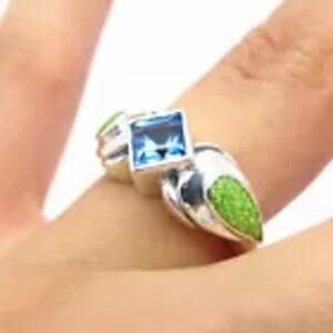 Vintage 925 Square Blue Topaz & Green Inlay Turquoise Ring  Size 5